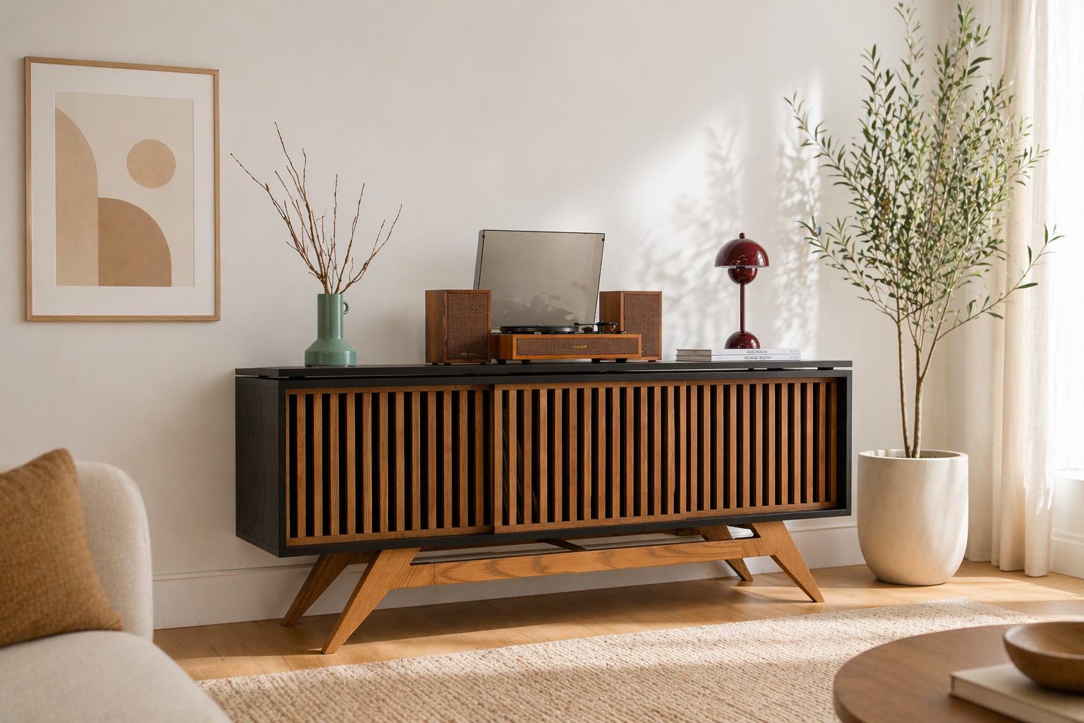 Black Oak Mid-Century Modern Record Player Vinyl Storage Stand